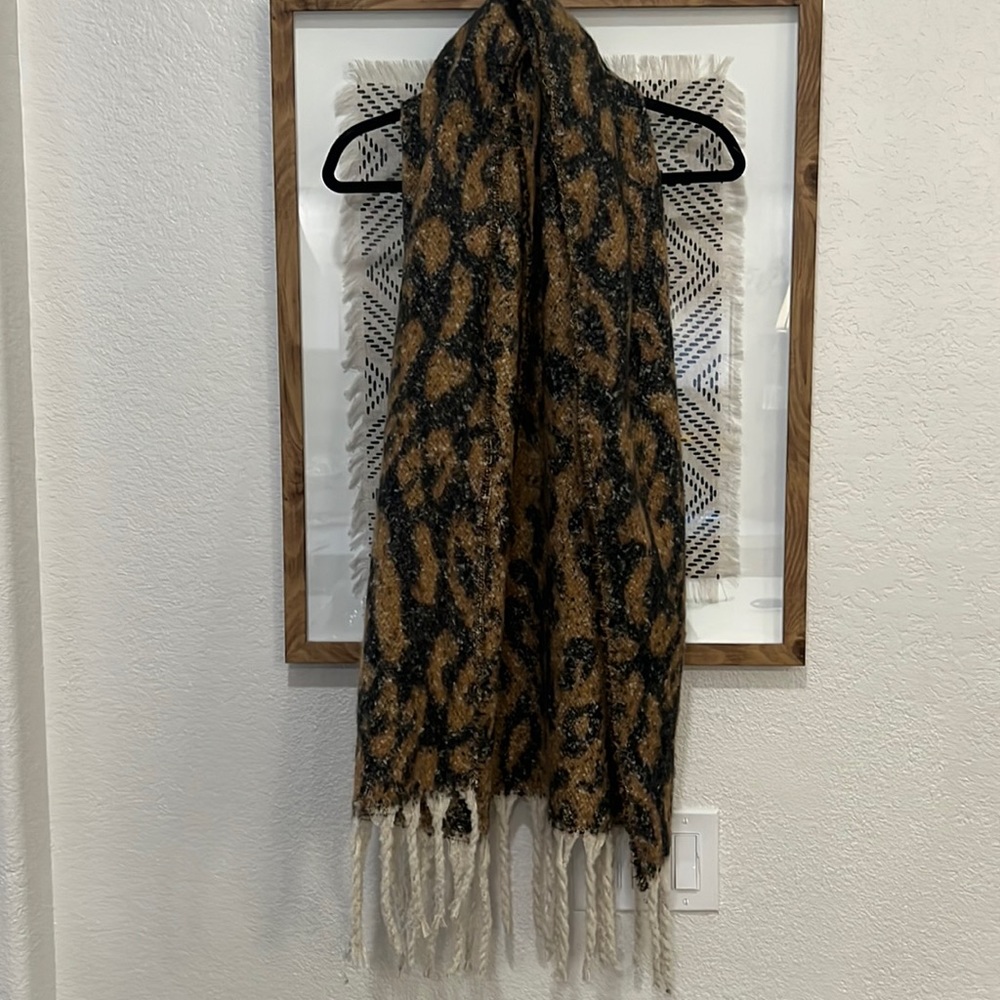 Animal print fringe scarf